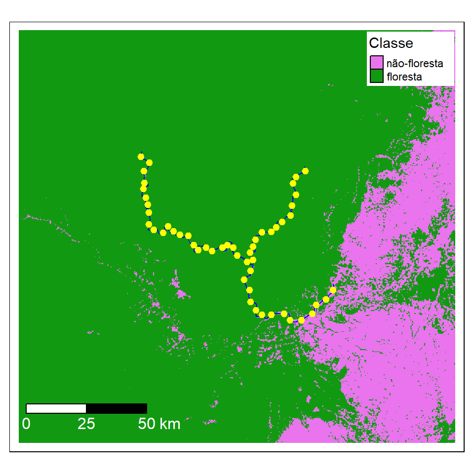 Floresta ao redor do Rio Araguari. MapBiomas 2020 reclassificado em floresta e não-floresta. Mostrando os pontos de amostragem (pontos amarelas) cada 5 quilômetros ao longo do rio.