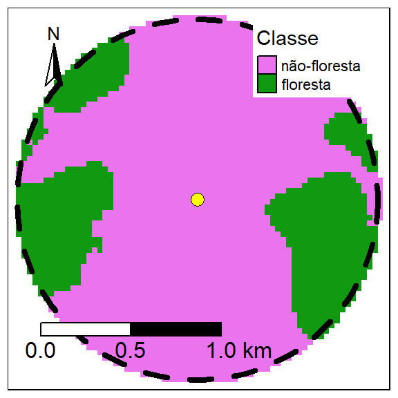 Ilustração da determinação da quantidade de habitat ao redor de um ponto. Para um determinada extensão, o habitat de interesse é isolado. Um buffer (linha tracejada) é colocado ao redor de um ponto (amarela) e o número de células (pixels) que contém o habitat é somado e multiplicado pela área de cada pixel.