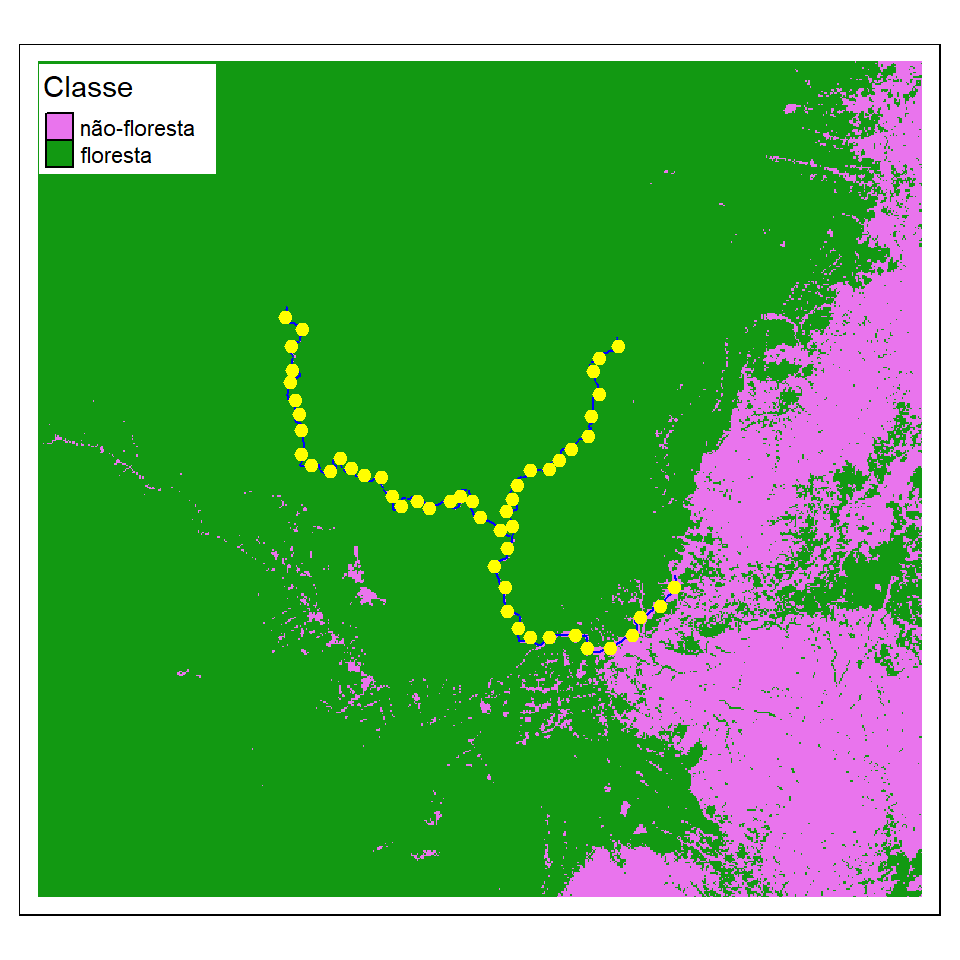 Cobertura da terra ao redor do Rio Araguari em 2020. Mostrando os pontos de amostragem (pontos amarelas) cada 5 quilômetros ao longo do rio (linha azul).