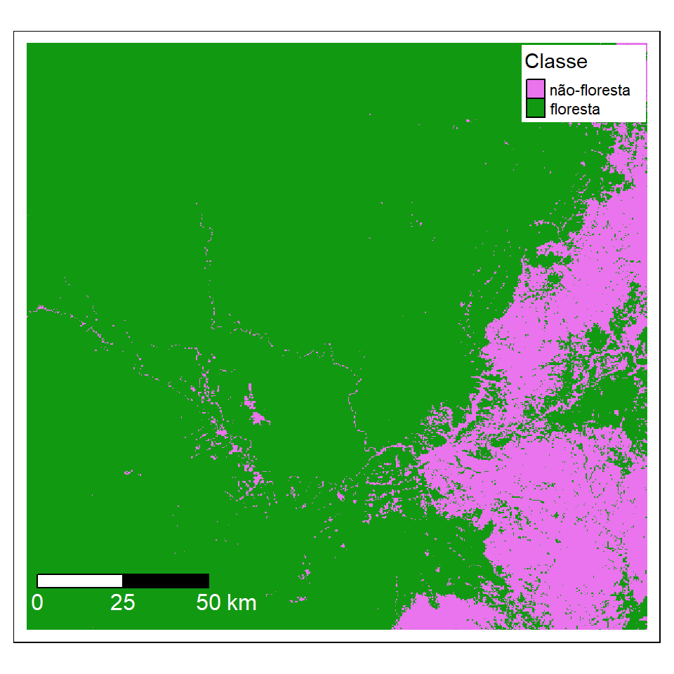 Floresta ao redor do Rio Araguari. MapBiomas 2020 reclassificado em floresta e não-floresta. Mostrando os pontos de amostragem (pontos amarelas) cada 5 quilômetros ao longo do rio.