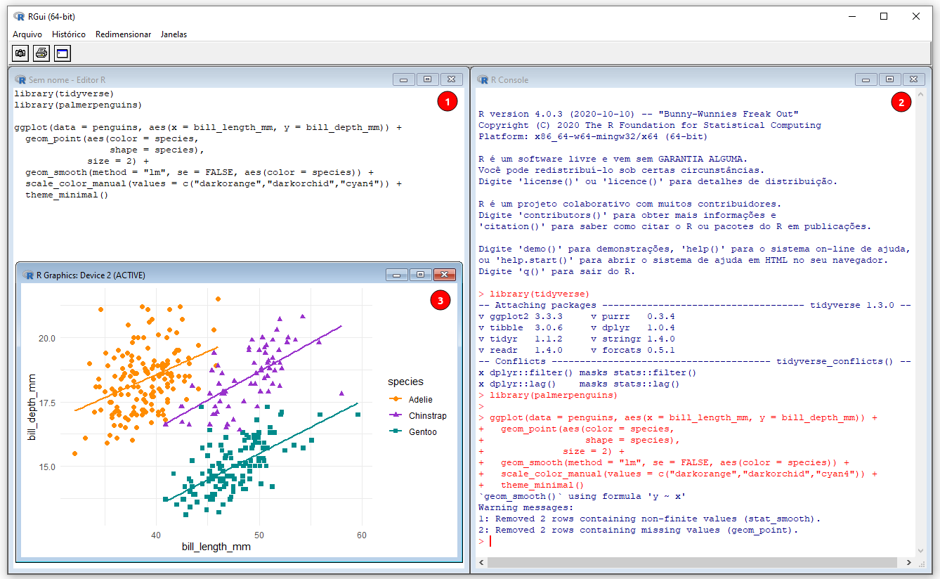 Interface do RGui. Os números indicam: (1) R Script, (2) R Console, e (3) R Graphics.
