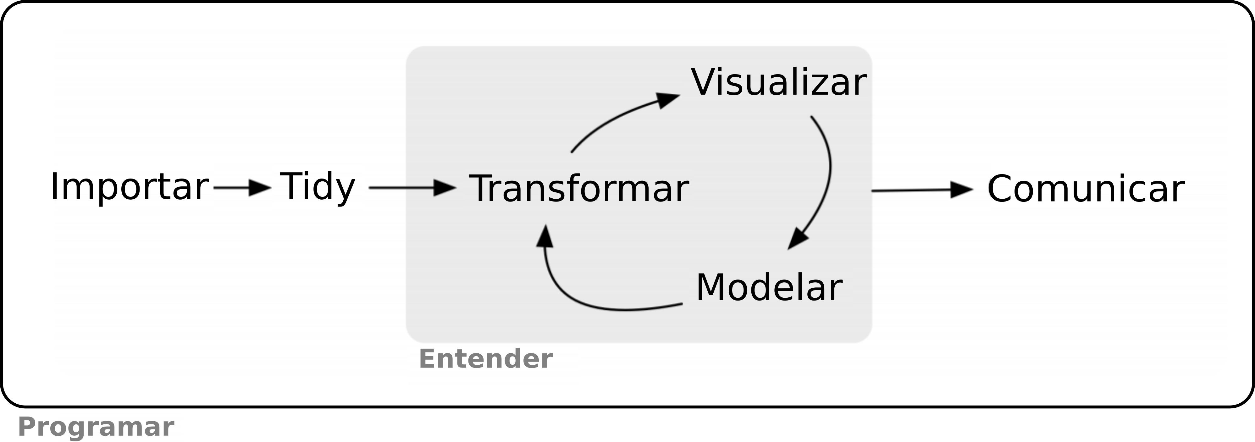 Modelo das ferramentas necessárias em um projeto típico de ciência de dados: importar, organizar, entender (transformar, visualizar, modelar) e comunicar, envolto à essas ferramentas está a programação.