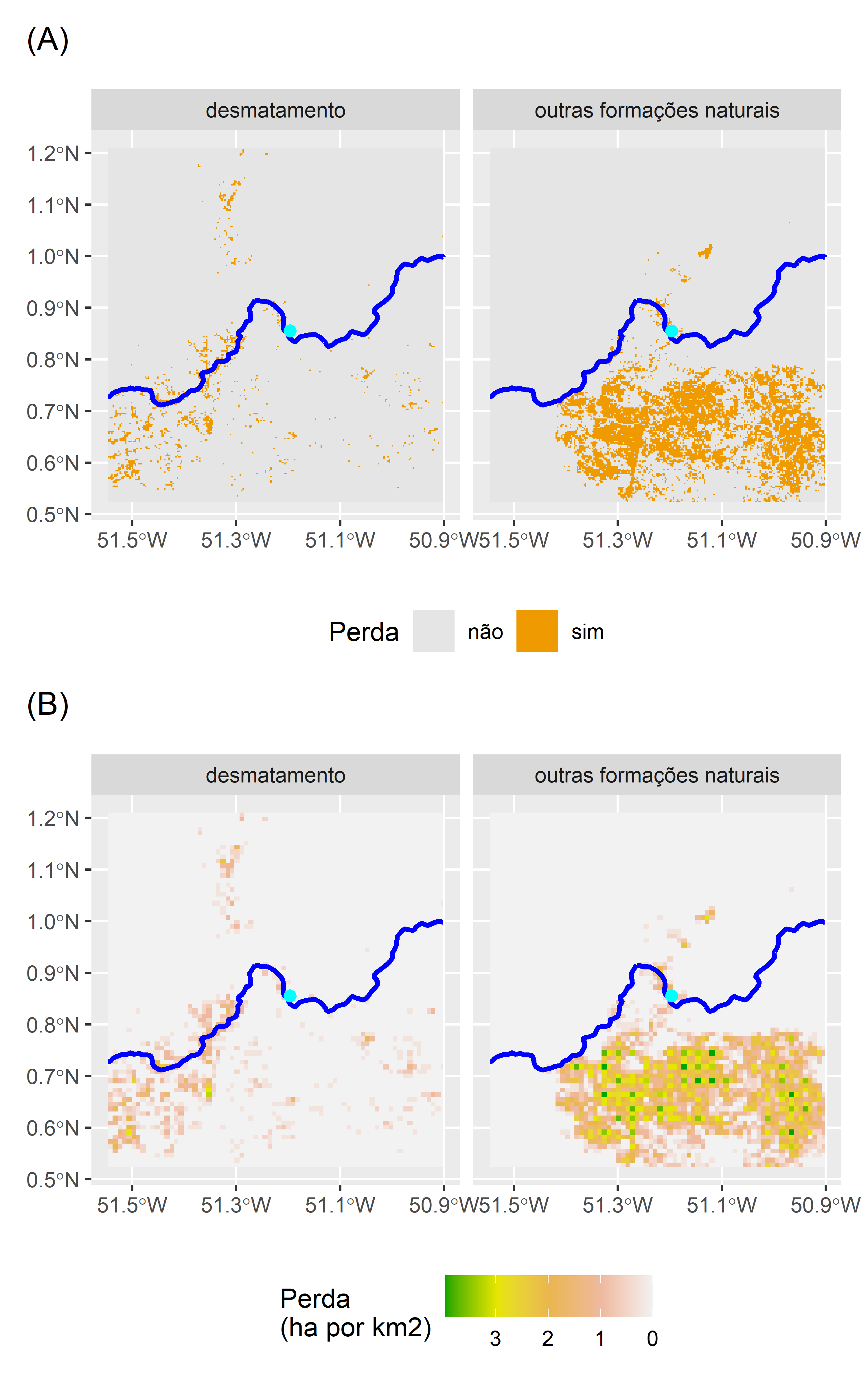 Distribuição e taxa de mudança na cobertura da terra. Comparação da mudança de cobertura da terra de 1986 a 2021 no entorno da barragem Ferreira Gomes (ponto azul claro) ao longo do rio Araguari (linha azul) Amapá, Brasil. Classificação de cobertura da terra do MapBiomas Coleção 8 usada para identificar (A) a distribuição e (B) a taxa de mudança de cobertura da terra entre 1986 e 2021. Mudança identificada como a transição das classes de cobertura natural para antrópicas.