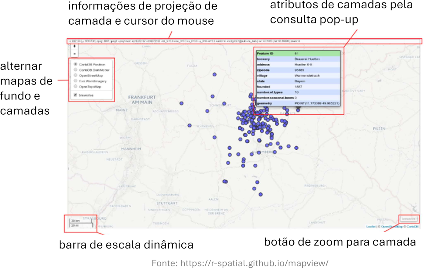 mapview: Componentes e funções disponíveis no mapa interativo padrão.